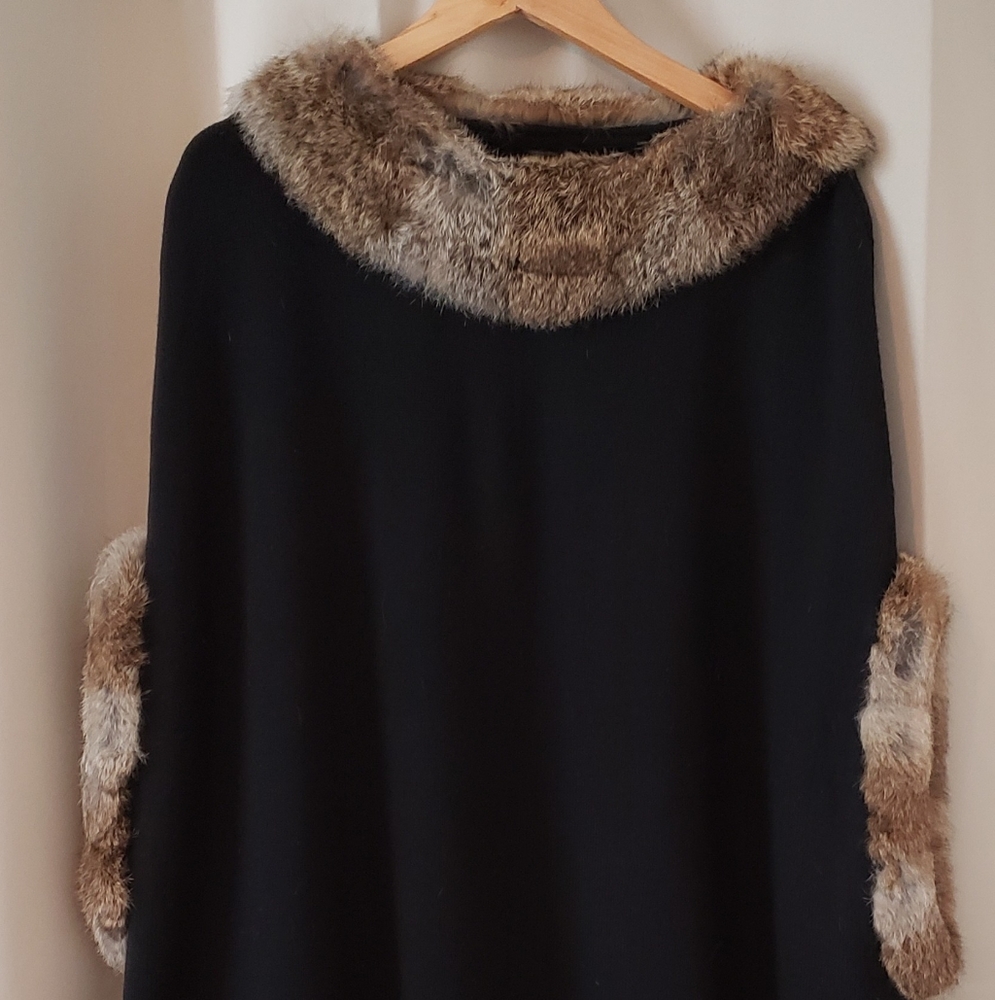 Rabbit Fur Trimmed Poncho
